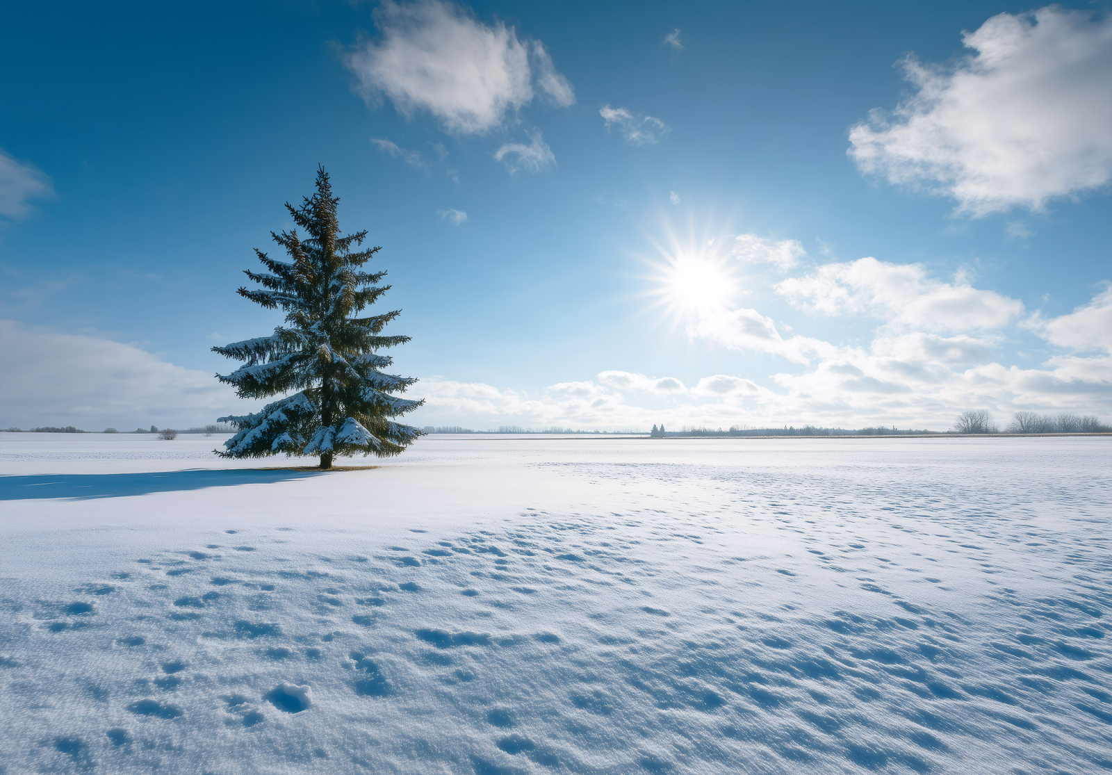 Фототапет Зимен пейзаж със самотно дърво и слънце над снежно поле